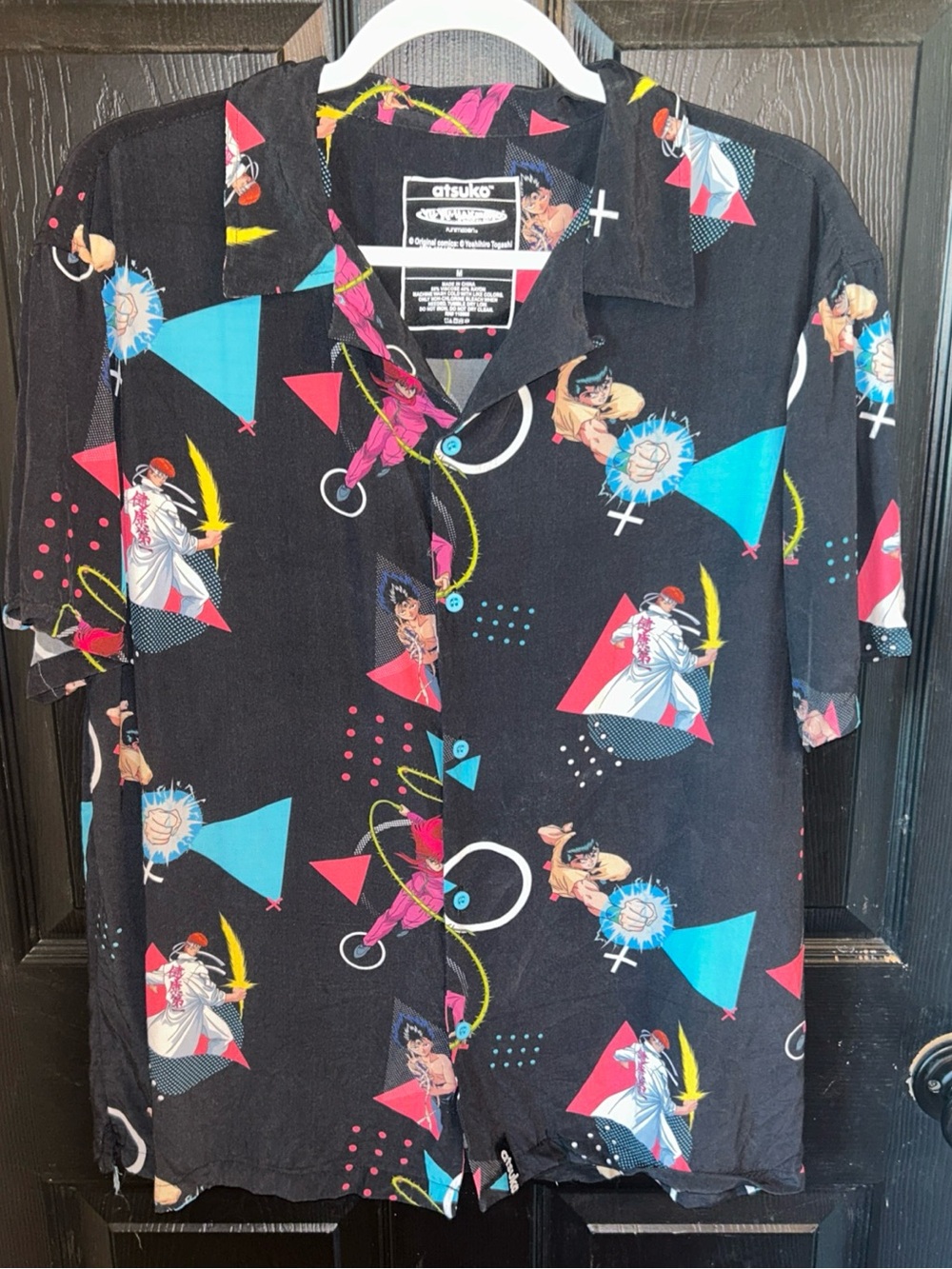 Itsuko Black Retro Geometric Hawaiian Shirt with Bright Accents